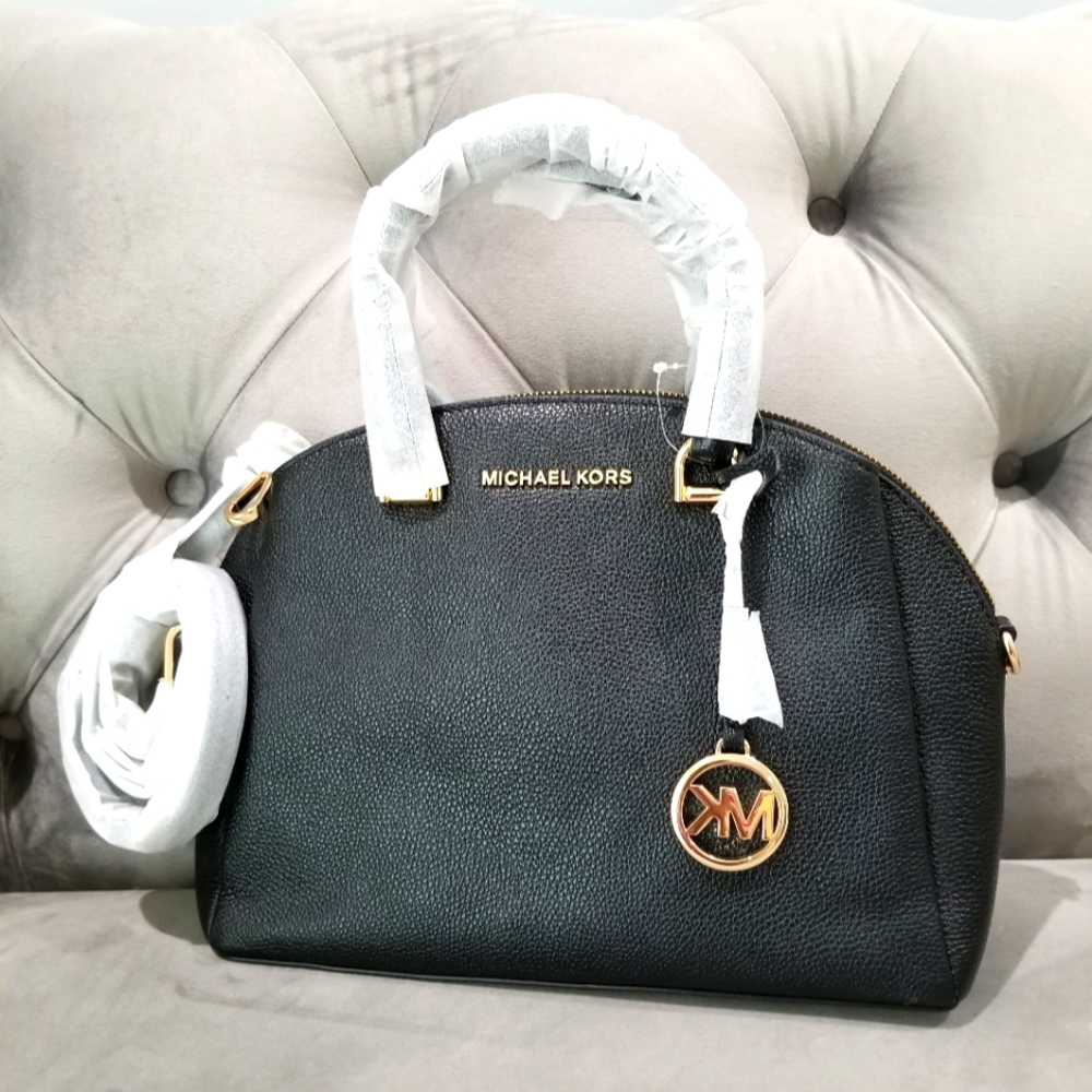 NEW Michael Kors Maxine Black Leather Dome Satchel